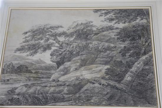 Richard Cooper Jnr (1740-1814), pencil on paper, Rocky river landscape, J S Maas label verso, 27 x 38.5cm